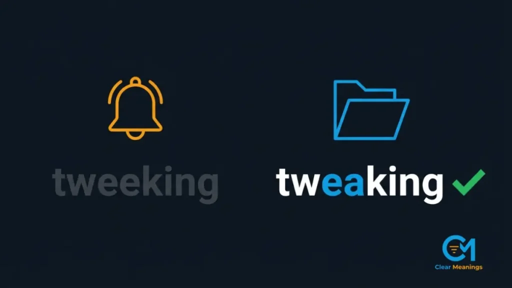 Visual breakdown of the tweaking typo featuring an exclamation point and corporate chart icon.