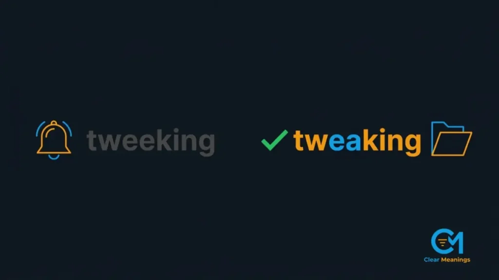 The word tweaking highlighted with a green tick mark next to an abstract notification bell and office folder.