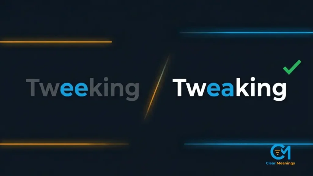 Typographic comparison showing the correct spelling of tweaking alongside social media and corporate briefcase icons.