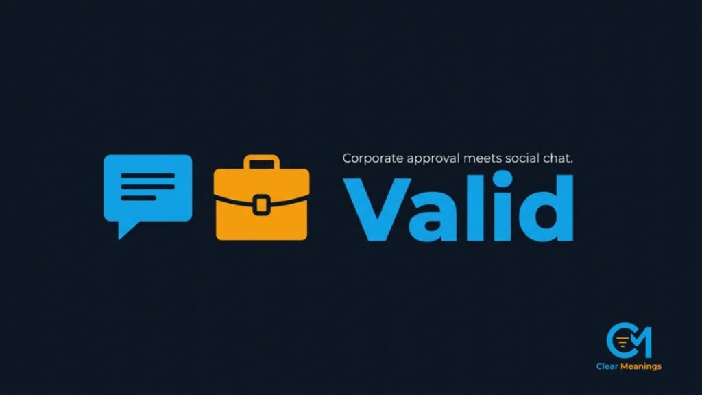 Digital chat bubble and corporate briefcase icons illustrating valid meaning slang.