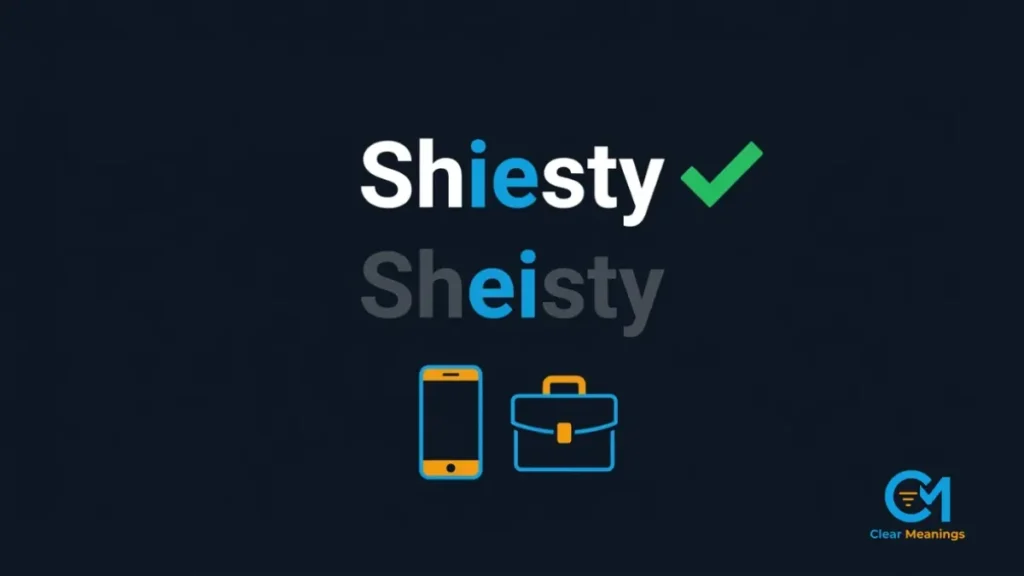 Typographic layout displaying the correct spelling of shiesty alongside abstract corporate office icons.