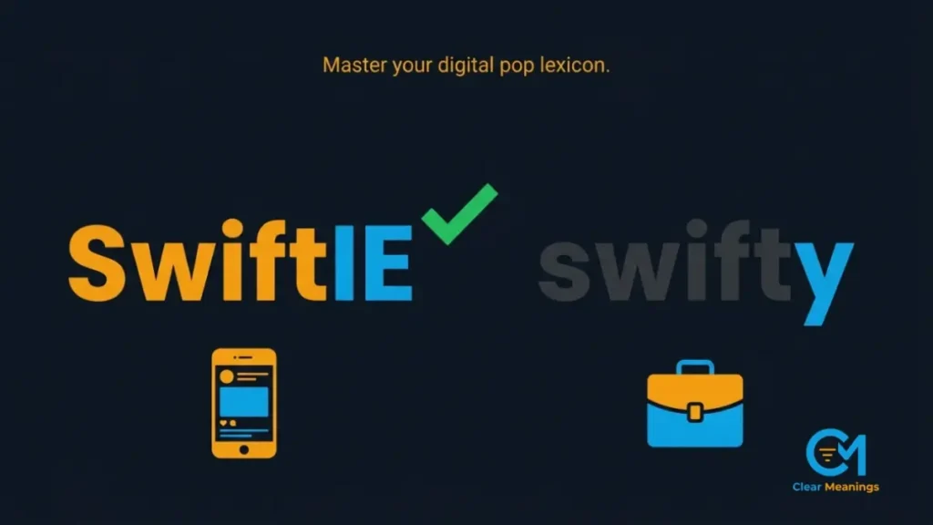 A clean side by side comparison showing the correct Swiftie spelling versus the incorrect swifty typo with corporate and digital icons.
