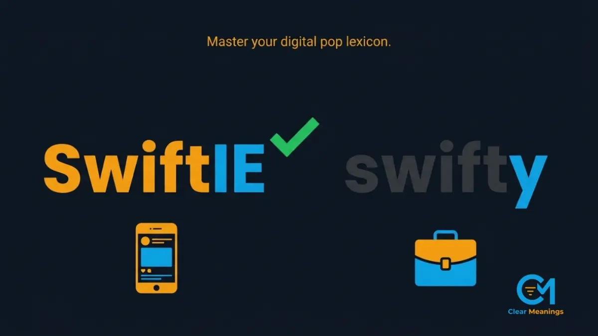 A clean side by side comparison showing the correct Swiftie spelling versus the incorrect swifty typo with corporate and digital icons.