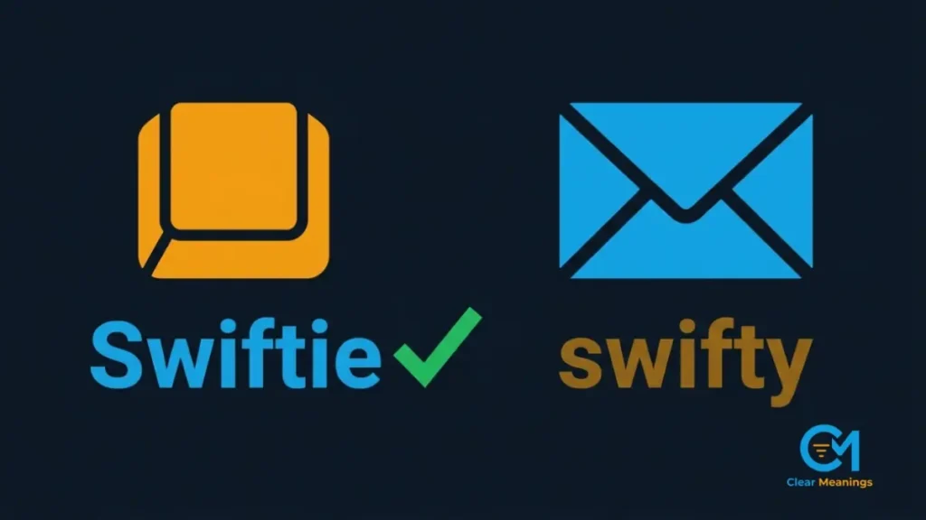 Visual breakdown emphasizing the IE suffix in the correct Swiftie spelling using abstract digital keyboard icons.