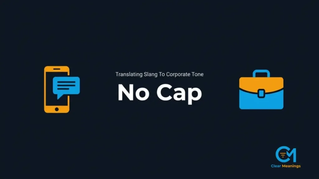 Abstract graphic showing digital slang contrasting with corporate communication symbols for the term no cap in workplace.