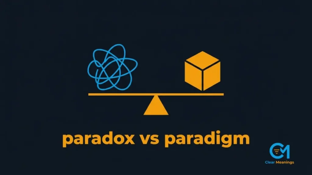 Minimalist structural representation of a business paradigm next to an abstract paradox symbol.