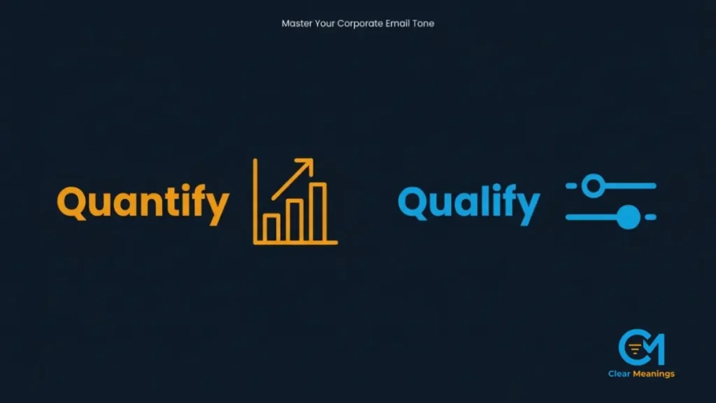Minimalist line art contrasting quantify and qualify in professional email communication.