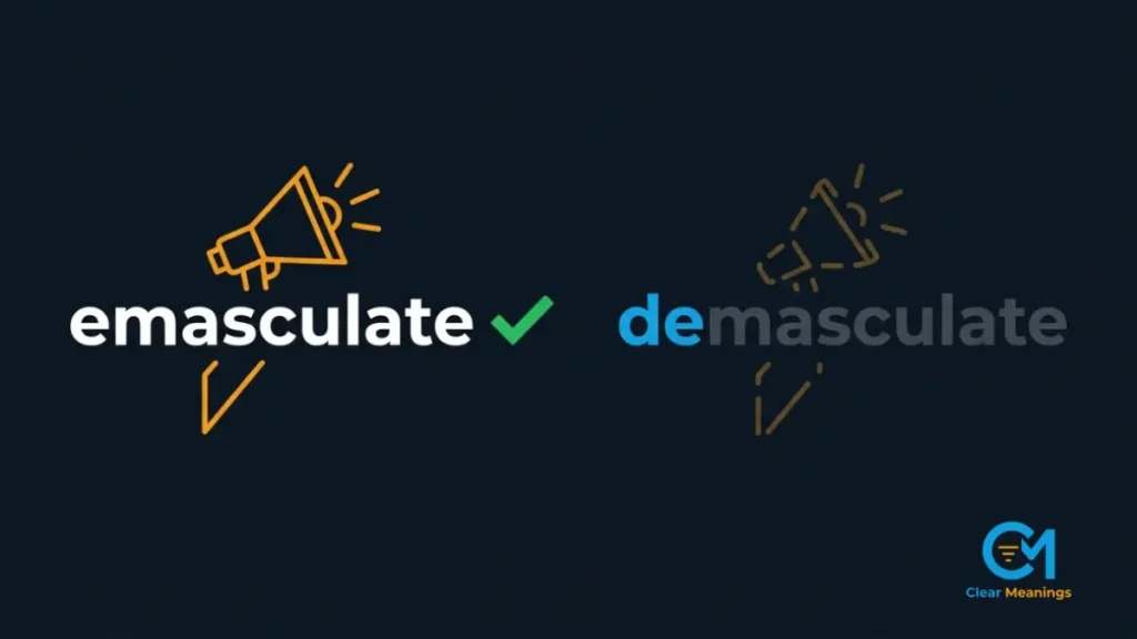 Comparison of emasculate and demasculate highlighting the correct professional spelling and usage.