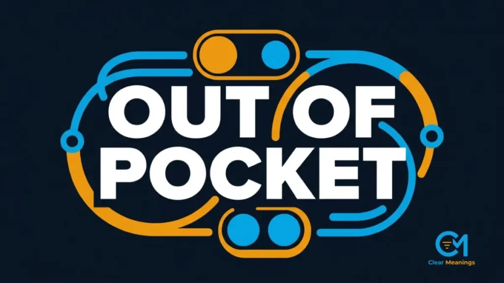 The phrase out of pocket in white sans serif text next to an abstract digital toggle switch on a dark navy background.