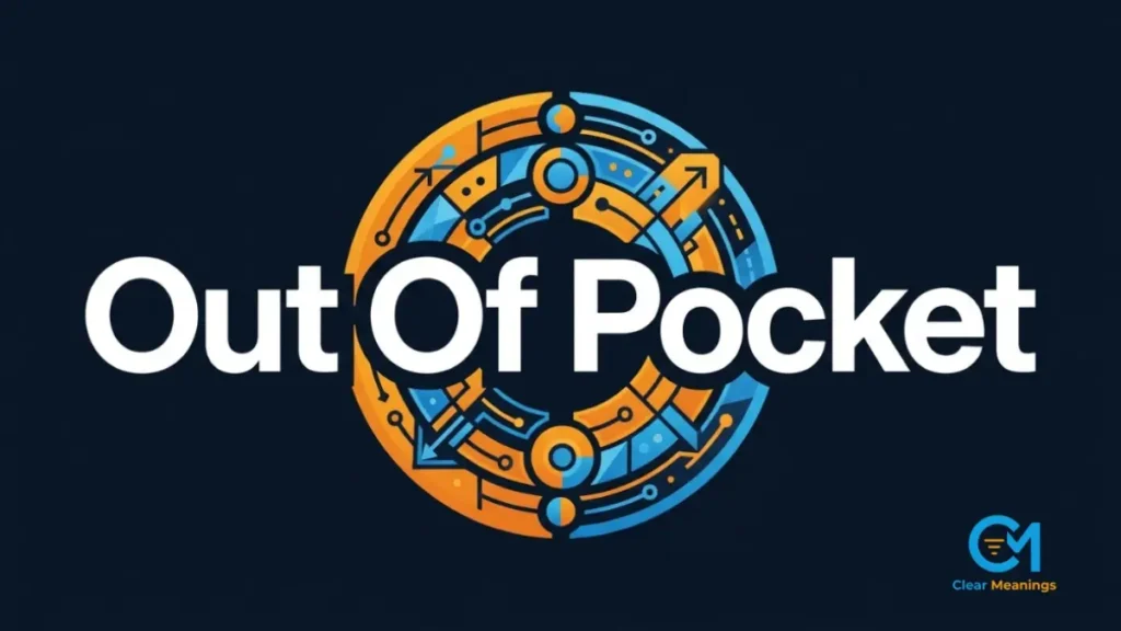 A dark navy UI design displaying the words out of pocket alongside a sleek geometric coin graphic.