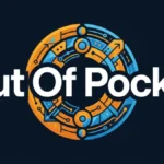 A dark navy UI design displaying the words out of pocket alongside a sleek geometric coin graphic.