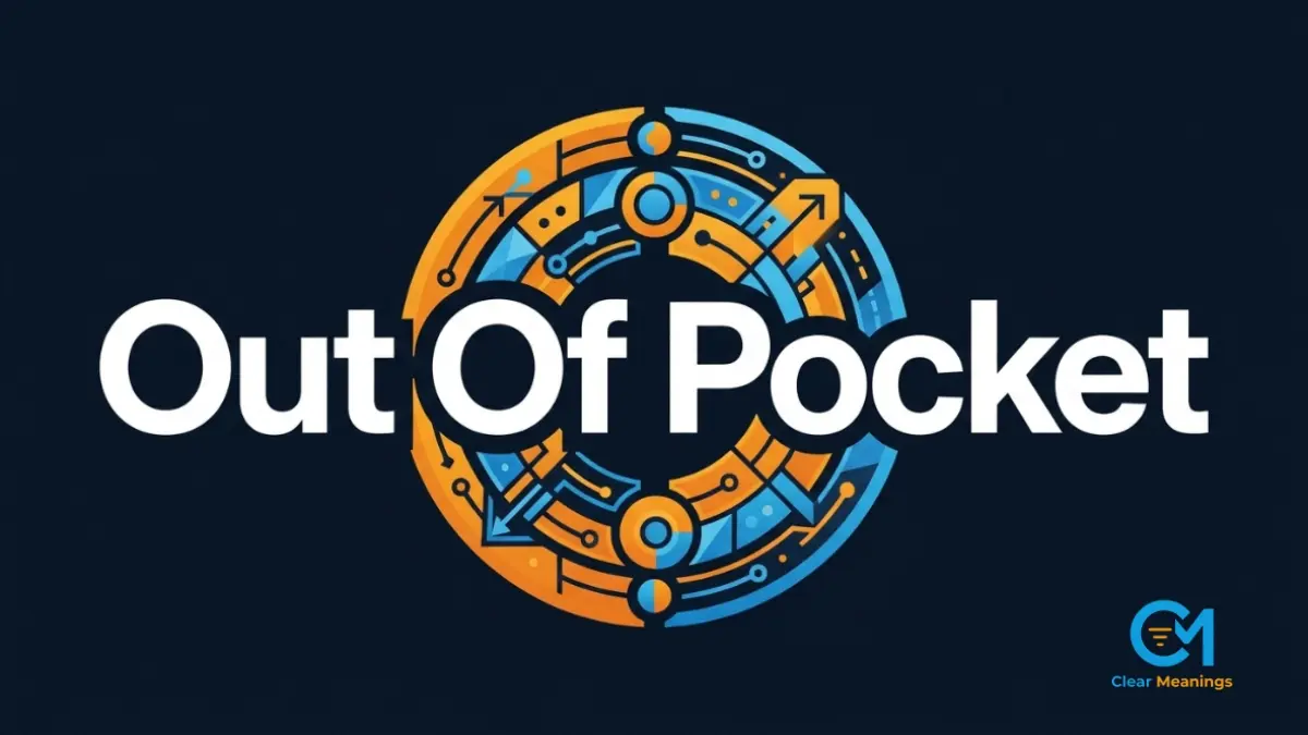 A dark navy UI design displaying the words out of pocket alongside a sleek geometric coin graphic.