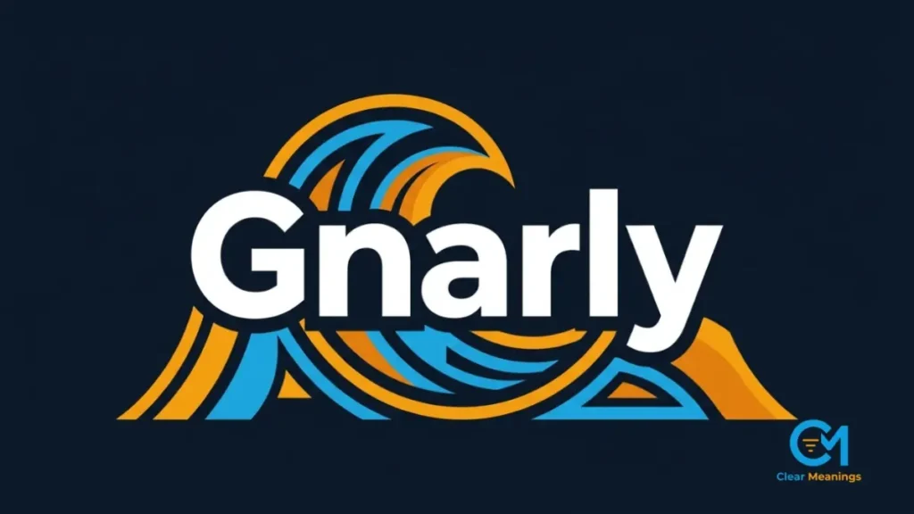 Minimalist dark navy vector design displaying the word Gnarly with an abstract wave crest.