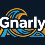 Minimalist dark navy vector design displaying the word Gnarly with an abstract wave crest.