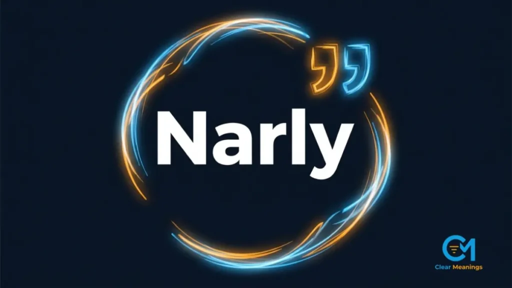 Minimalist dark navy vector design displaying the word Narly with an abstract quotation mark.