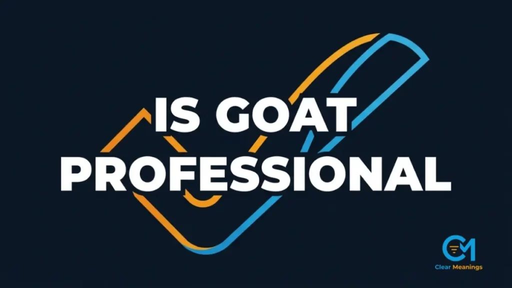 Minimalist navy blue graphic displaying the text is goat professional with an abstract geometric checkmark for appropriateness.