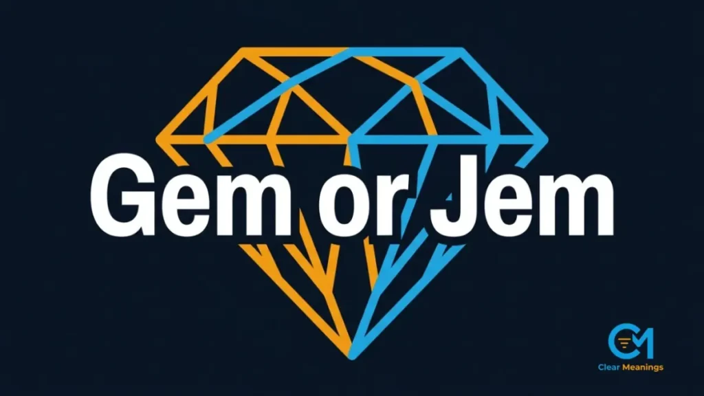 Abstract geometric graphic showing the correct spelling of gem for professional writing.