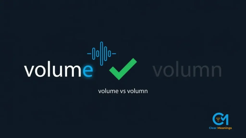A typographic comparison showing the correct spelling of volume next to the incorrect spelling of volumn.