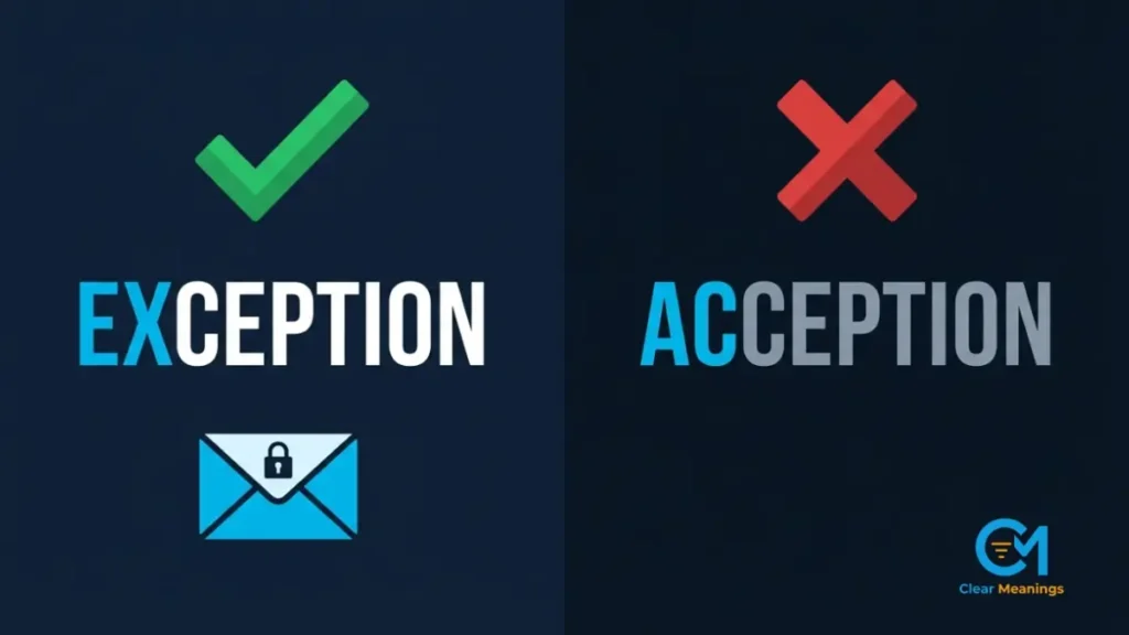 Visual showing exception as the only correct term for formal business documents with a bright green approval mark.