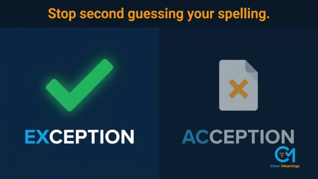 Split view comparison showing the correct spelling of exception next to the incorrect spelling of acception with a green checkmark.