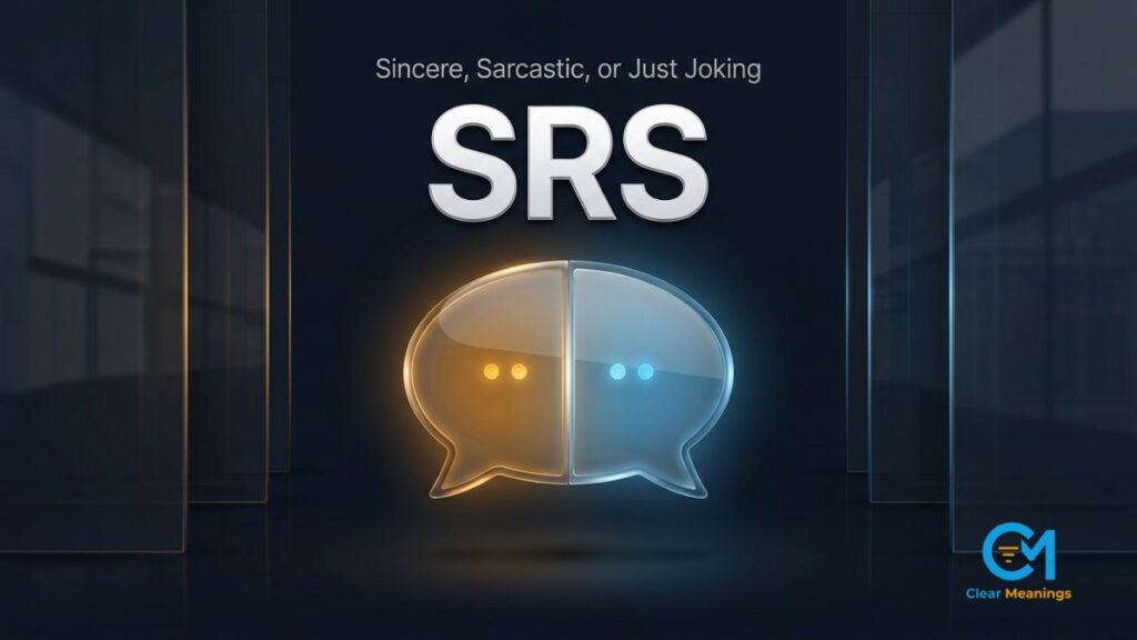 Bold SRS lettering above a glass chat bubble split into warm amber and cool sky-blue halves, illustrating the SRS meaning in text slang