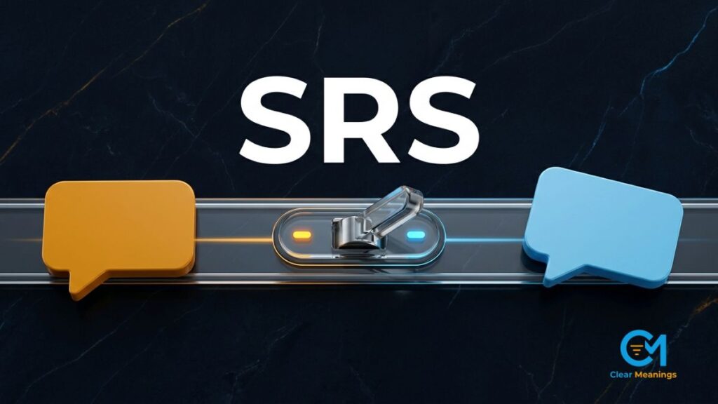 SRS lettering above a glowing tone switch between two abstract chat bubbles, visualizing how SRS meaning in text changes with tone