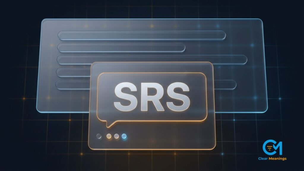 SRS lettering on a layered glass chat interface with typing dots and abstract message panels, showing where SRS meaning in text appears in private and public chats