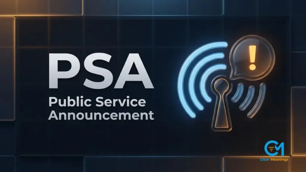 Dark premium featured image for PSA meaning showing the acronym PSA above the words Public Service Announcement beside a glass broadcast signal that turns into a message alert