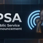 Dark premium featured image for PSA meaning showing the acronym PSA above the words Public Service Announcement beside a glass broadcast signal that turns into a message alert