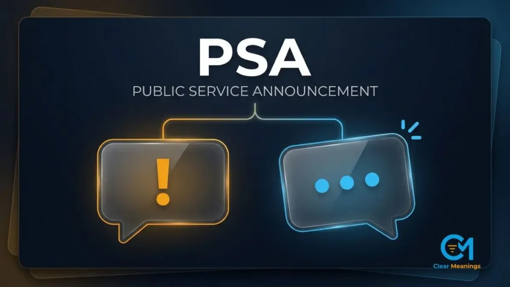 Dark premium visual explaining PSA meaning in text with the acronym PSA, its full form Public Service Announcement, and abstract message bubbles showing a serious tone and a playful tone