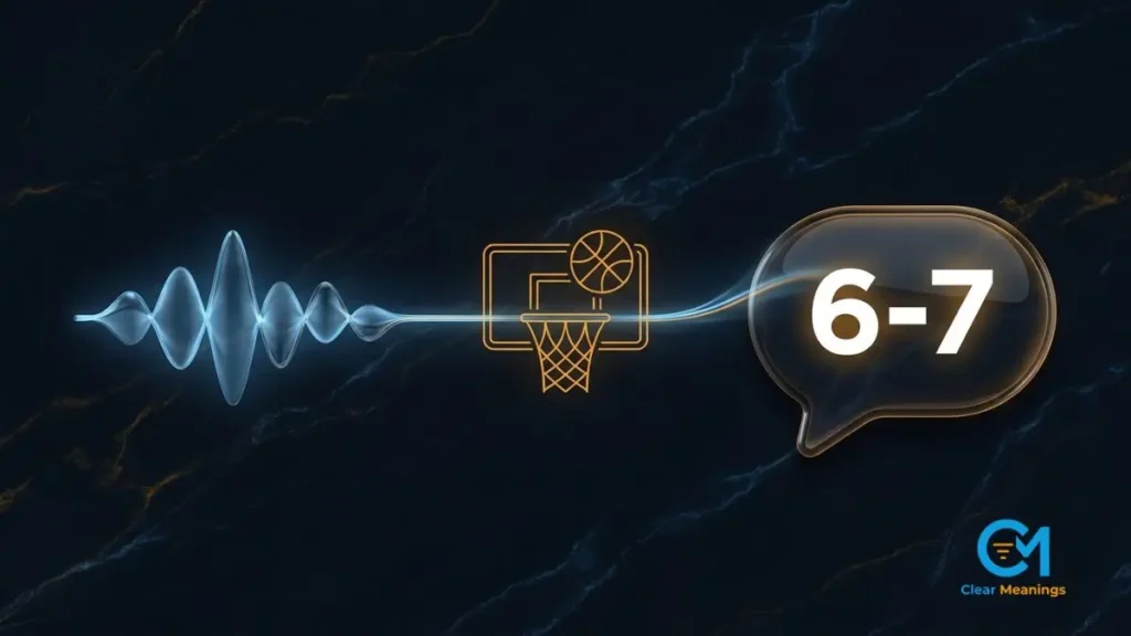Abstract visual showing how the 6-7 slang term travels from a music waveform to a basketball hoop to a chat bubble