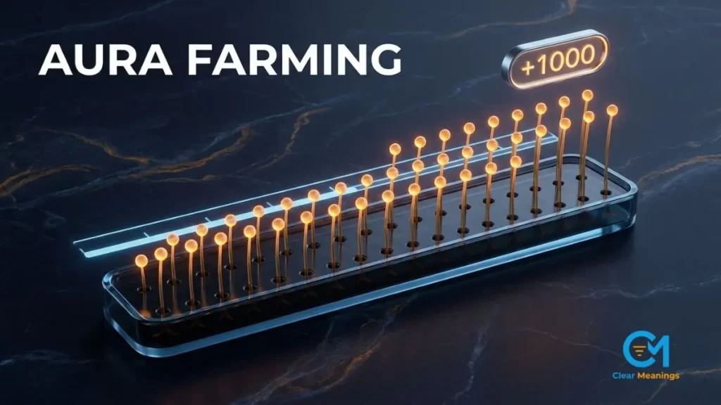 Visual meaning of aura farming showing rows of amber light sprouts growing from a dark panel beside a plus 1000 aura score badge