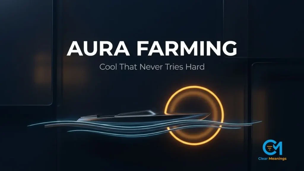 Aura farming meaning featured image showing a glowing amber aura ring around a sleek racing boat on dark glass with the phrase Aura Farming