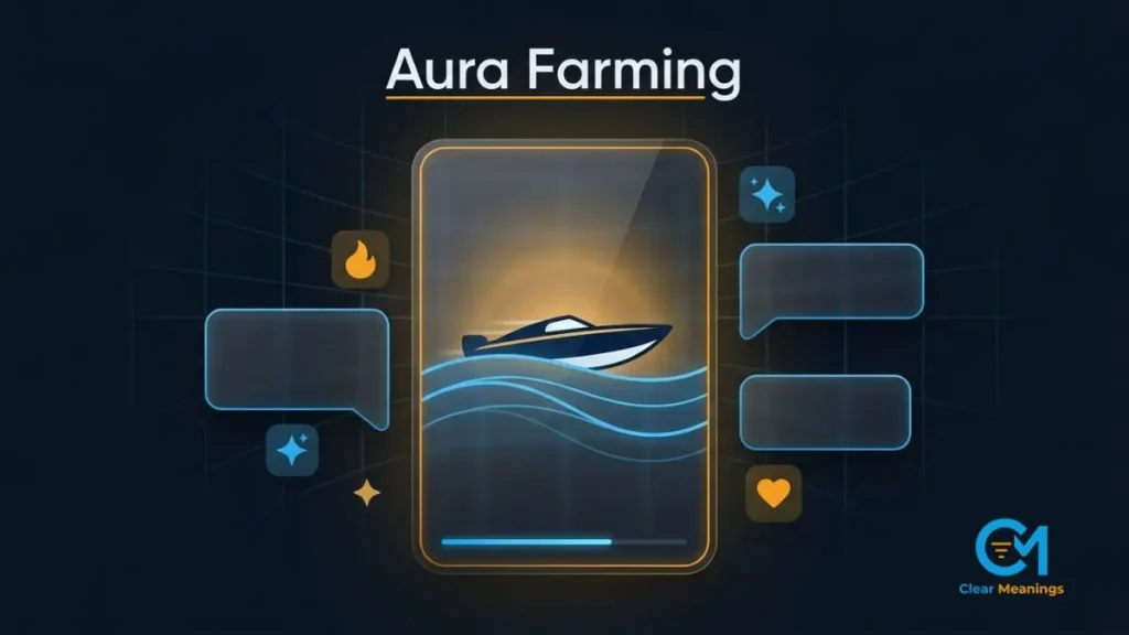 Abstract social feed with reaction bubbles and a racing boat video card illustrating how the slang term aura farming is used online