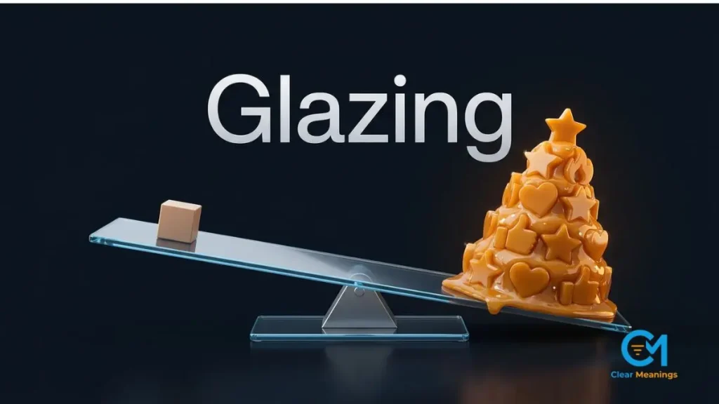 Glazing meaning visualized as a balance scale with a tiny plain object on one side and a huge glossy amber heap of praise symbols on the other
