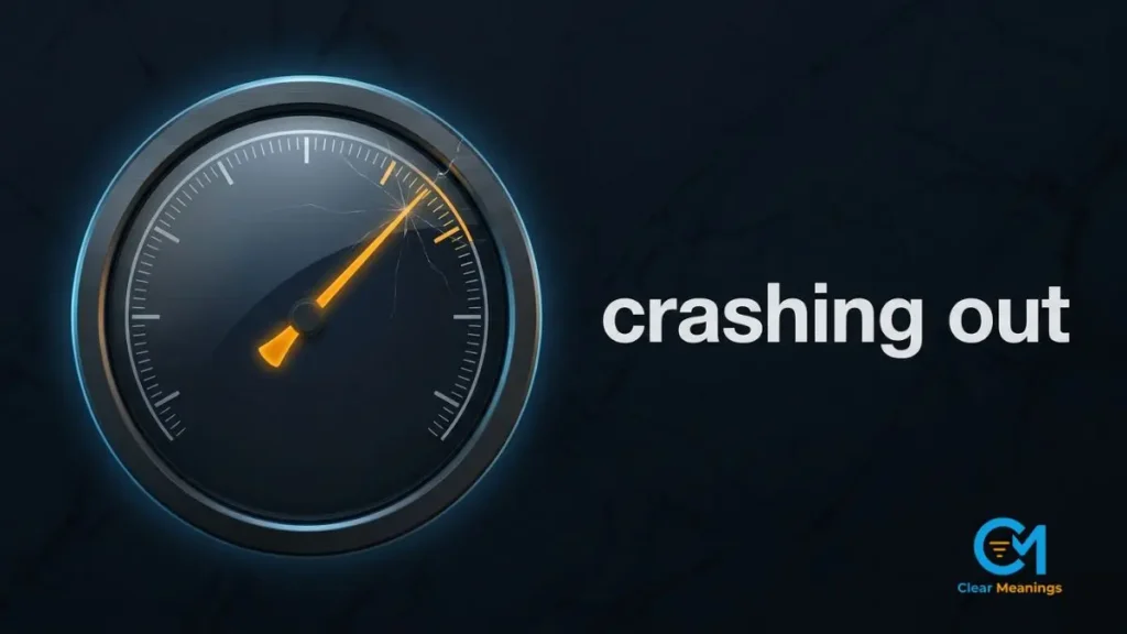 Pressure gauge with an amber needle past its limit beside the slang phrase crashing out, showing emotional overload