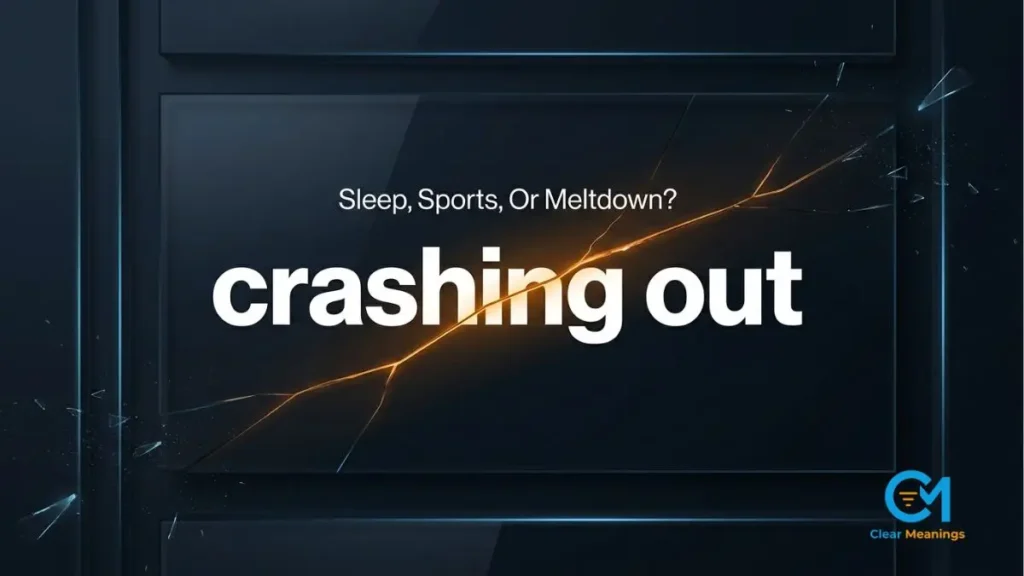 Dark glass slab with the slang phrase crashing out in bold lettering and a glowing amber fracture line running behind it