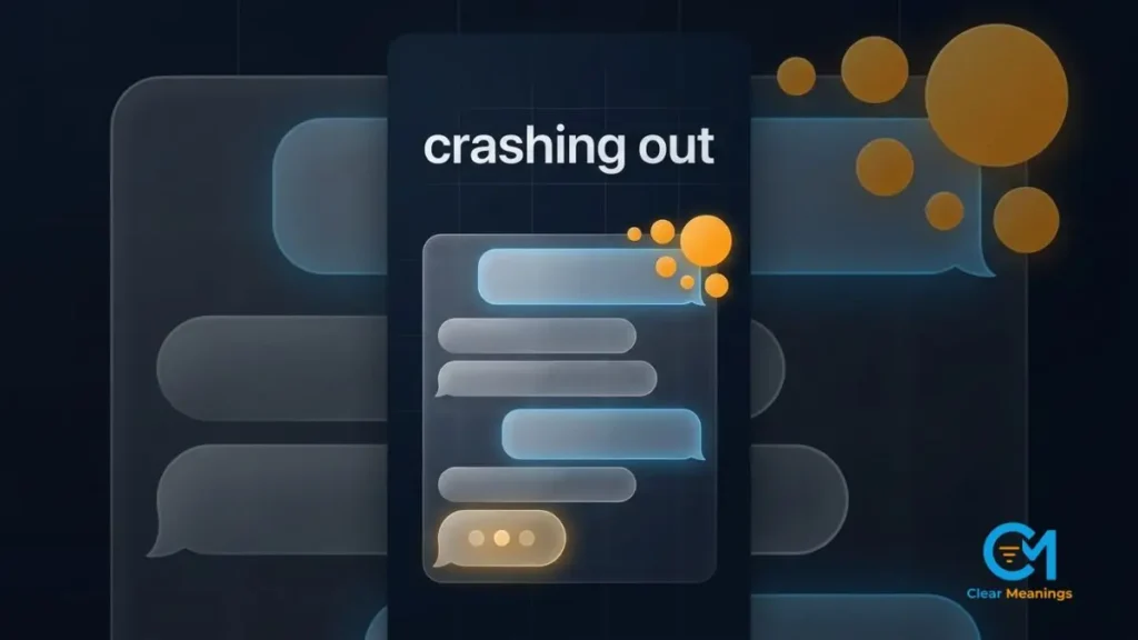 Abstract group chat interface with a stack of unread badges and a typing indicator around the slang phrase crashing out