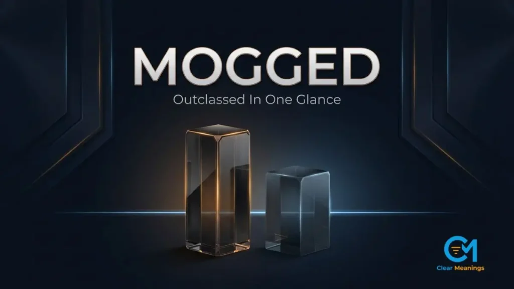 Premium dark featured image for mogged meaning showing a tall amber-lit glass pillar towering over a shorter dimmed pillar beneath the word mogged