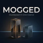 Premium dark featured image for mogged meaning showing a tall amber-lit glass pillar towering over a shorter dimmed pillar beneath the word mogged