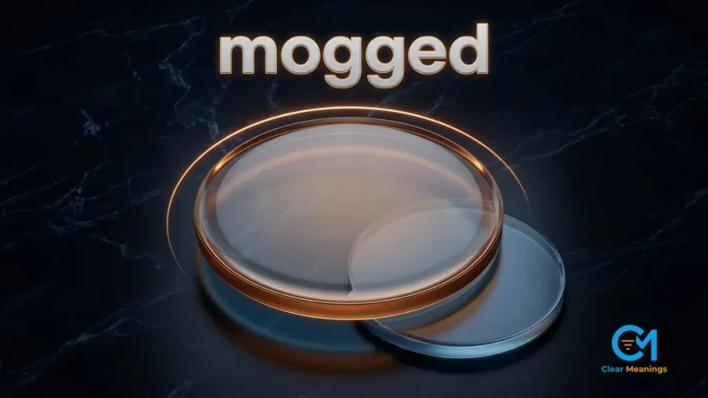 Abstract visual explaining mogged meaning with a large glowing amber disc eclipsing a smaller dimmed sky-blue disc beneath the word mogged