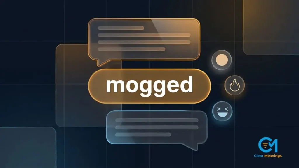 Abstract comment thread interface visual for mogged meaning with message bubbles and reaction pills built around the word mogged