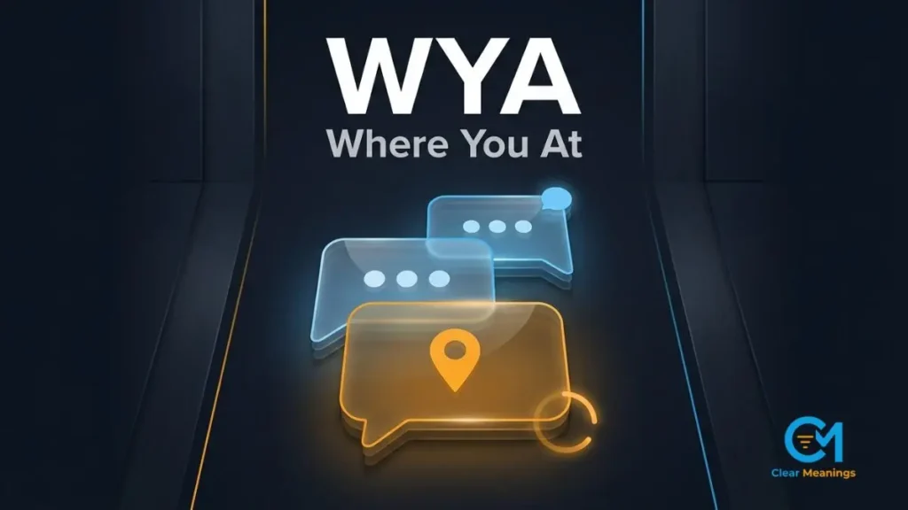 Abstract group chat scene for wya meaning in text with layered glass message bubbles, an amber location pin, and the acronym WYA above its full form Where You At