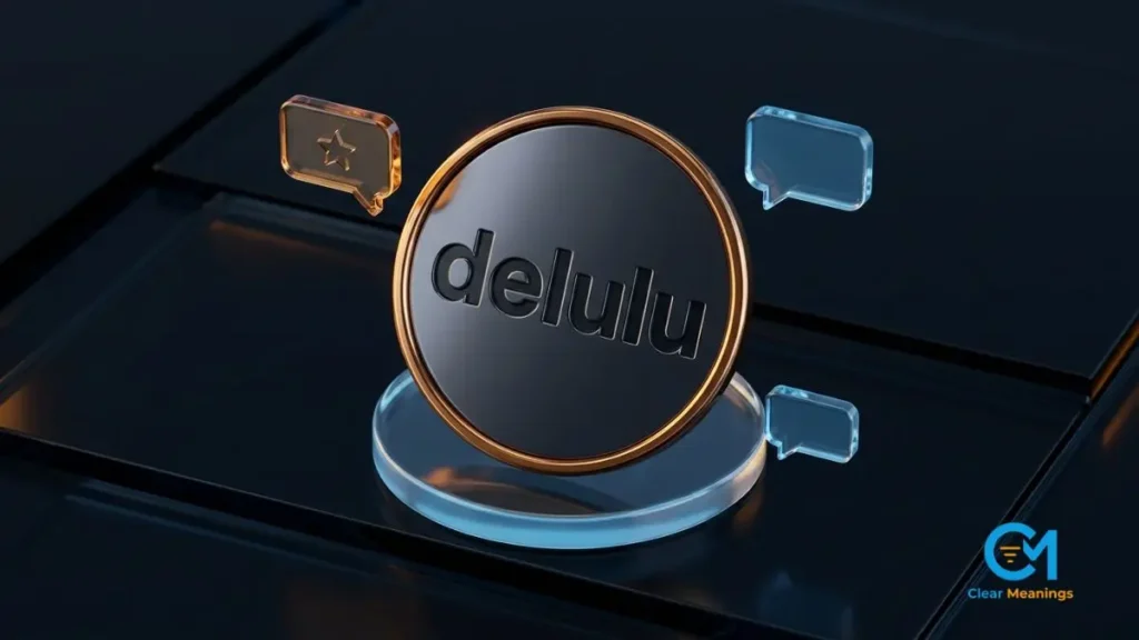 Polished dark metal badge embossed with the word delulu, showing how the delulu meaning shifted from insult to playful self-label