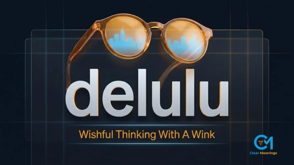 Oversized amber-tinted lenses in front of the word delulu on a dark smoked glass background, illustrating the delulu meaning as playful wishful thinking