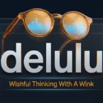 Oversized amber-tinted lenses in front of the word delulu on a dark smoked glass background, illustrating the delulu meaning as playful wishful thinking