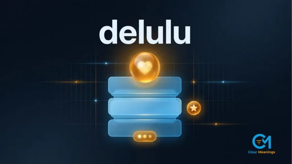 Abstract group chat interface with a glowing amber crystal sphere above the word delulu, showing the delulu meaning in digital conversation