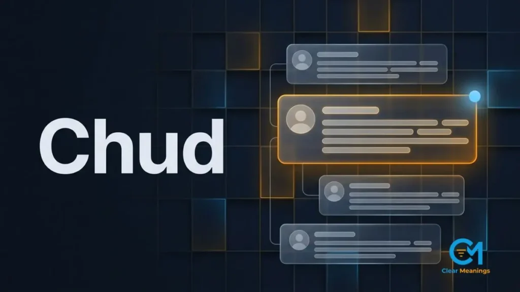 Abstract comment thread panels with one highlighted flagged reply beneath the word Chud, visualizing how the chud meaning works as an online insult