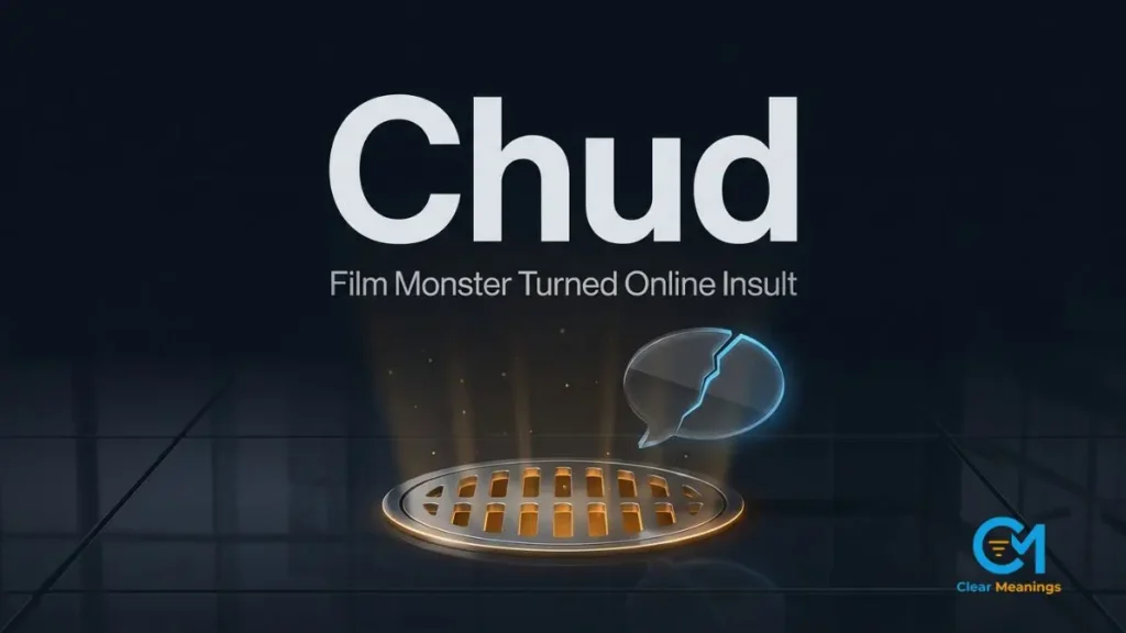 Dark premium featured image with the word Chud above a glowing sewer grate and a cracked glass speech bubble, illustrating the chud meaning as internet slang