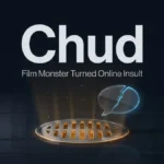 Dark premium featured image with the word Chud above a glowing sewer grate and a cracked glass speech bubble, illustrating the chud meaning as internet slang